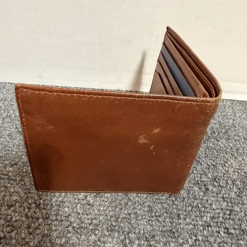 Ted Baker Wallet Mens Brown Leather Bifold Card Holder Blue Trim Logo Lining